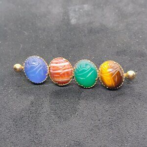 Vtg Ronci 12K Gold Filled Scarab Bar Brooch Real Gemstones 2"